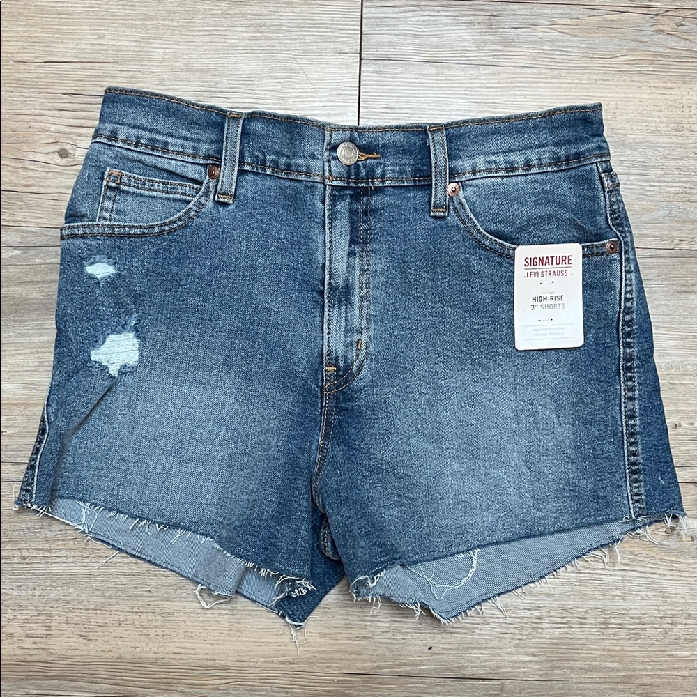 Signature by Levi Strauss Blue Distressed High-Rise Denim Cutoff Shorts